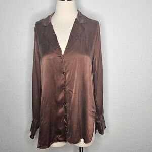 Joie Silk Button Front Blouse Copper Brown Long Sleeve Notched Collar Washable M